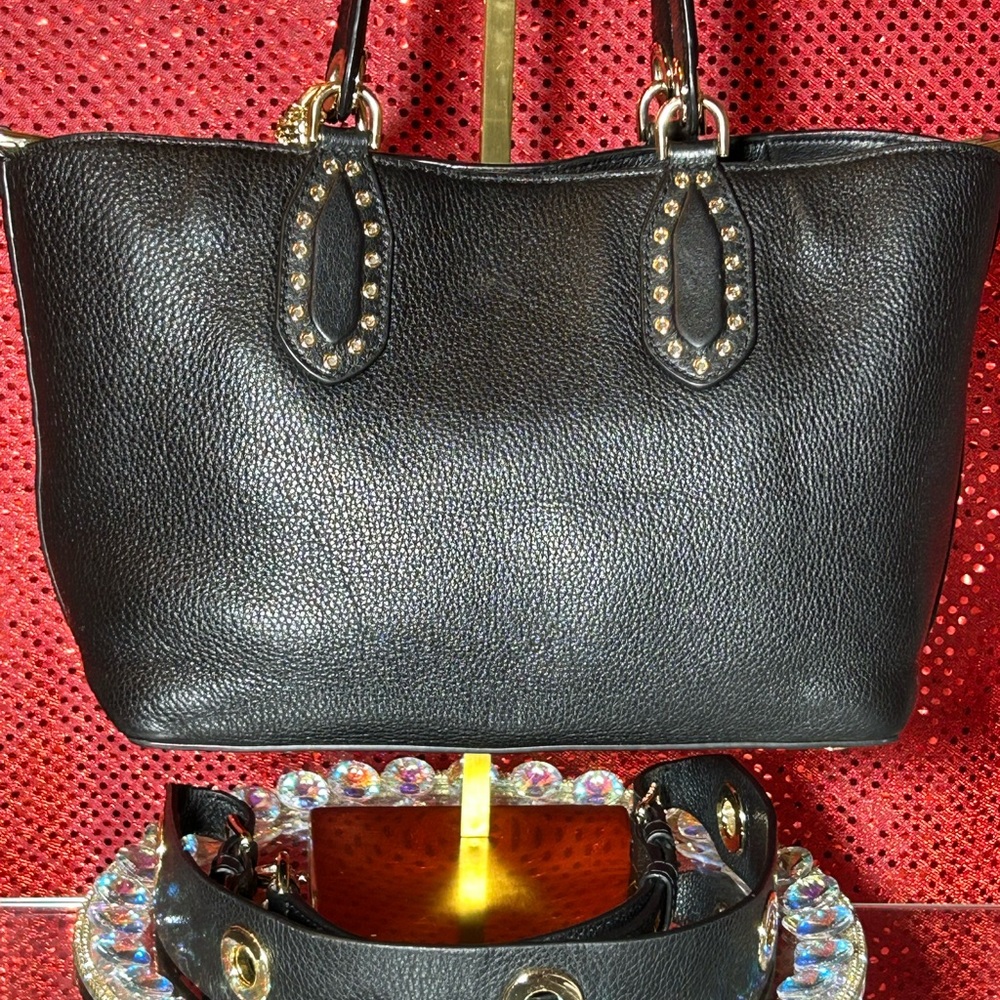 Michael Kors Black Pebbled Leather Brooklyn Satchel Bag/Gold Studs 13”x 8”x 4.5” - Picture 3 of 14